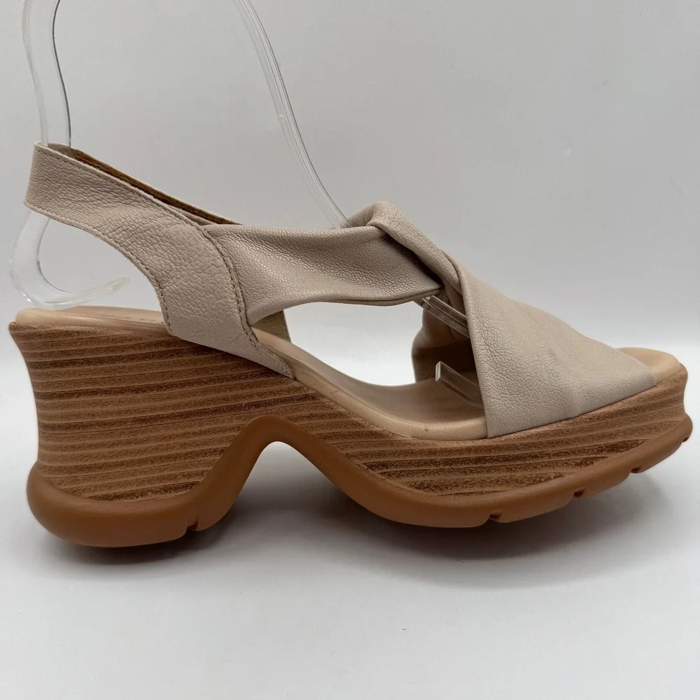 Paula Urban Leather Platform Wedge Sandals Womens 37 Beige Twisted‎ Slingback